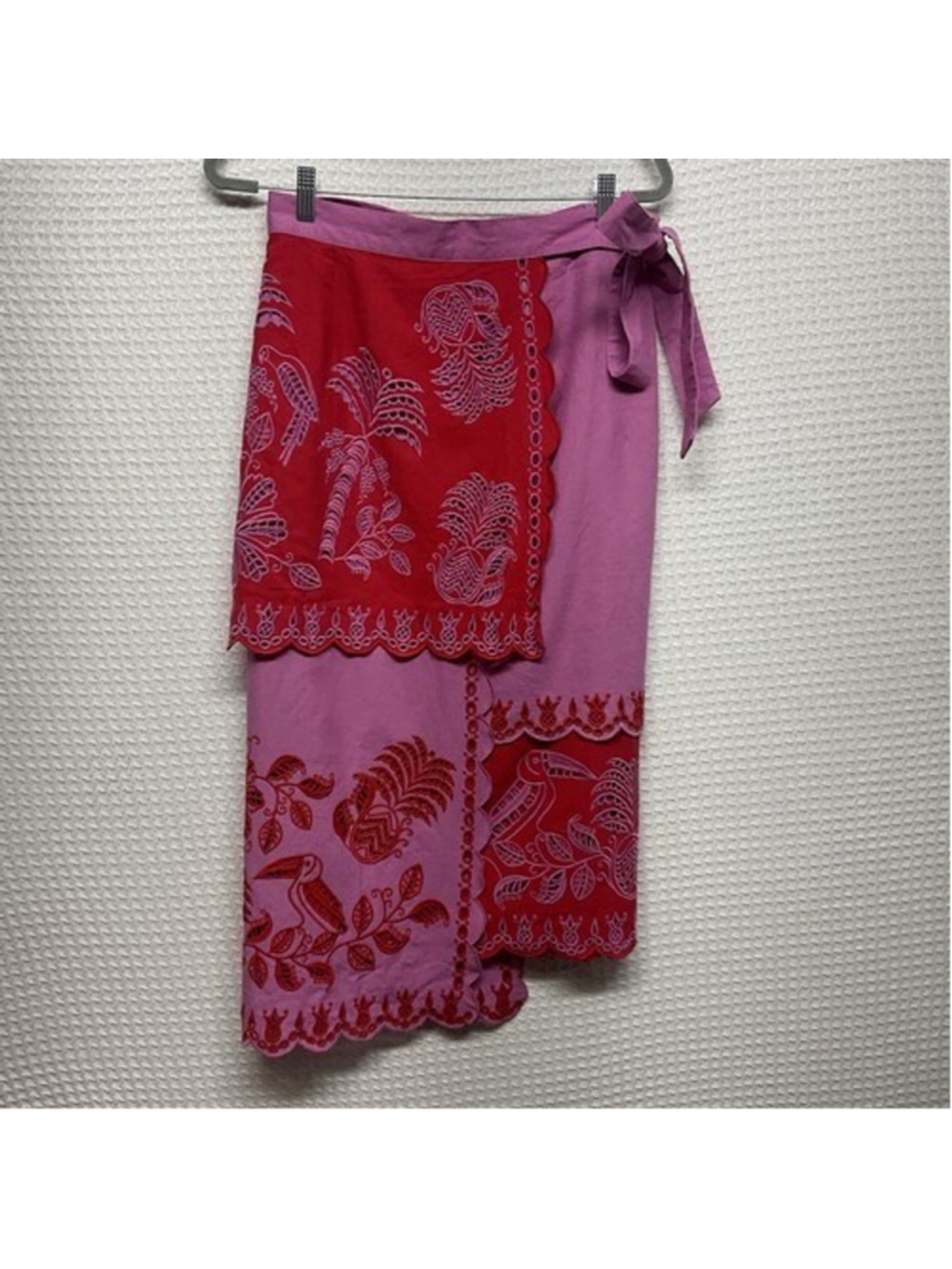 Farm Rio Richilieu Red Palm Tree Eyelet Embroidered Midi Wrap Skirt Women Medium - Picture 11 of 12